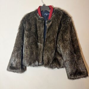 $598 Levi's Womens Faux Fur‎ Jacket Cropped Short Size XS Brown Soft Fuzzy Cozy